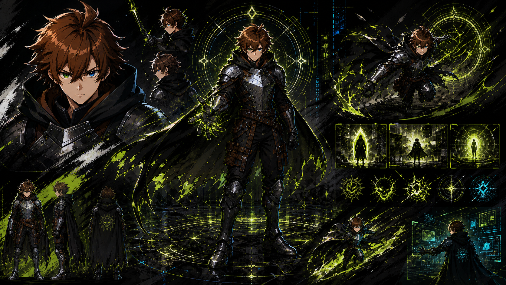 cia0_exe premium character board with poses, action studies, and green-white energy motifs.